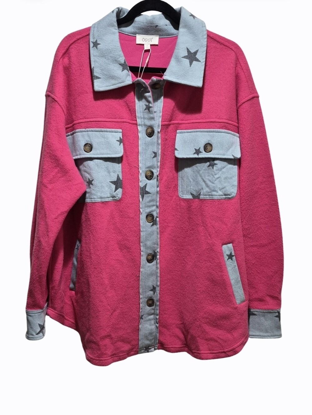 ODDI 1XL Pink Star Denim Contrast Shacket Jacket NWT